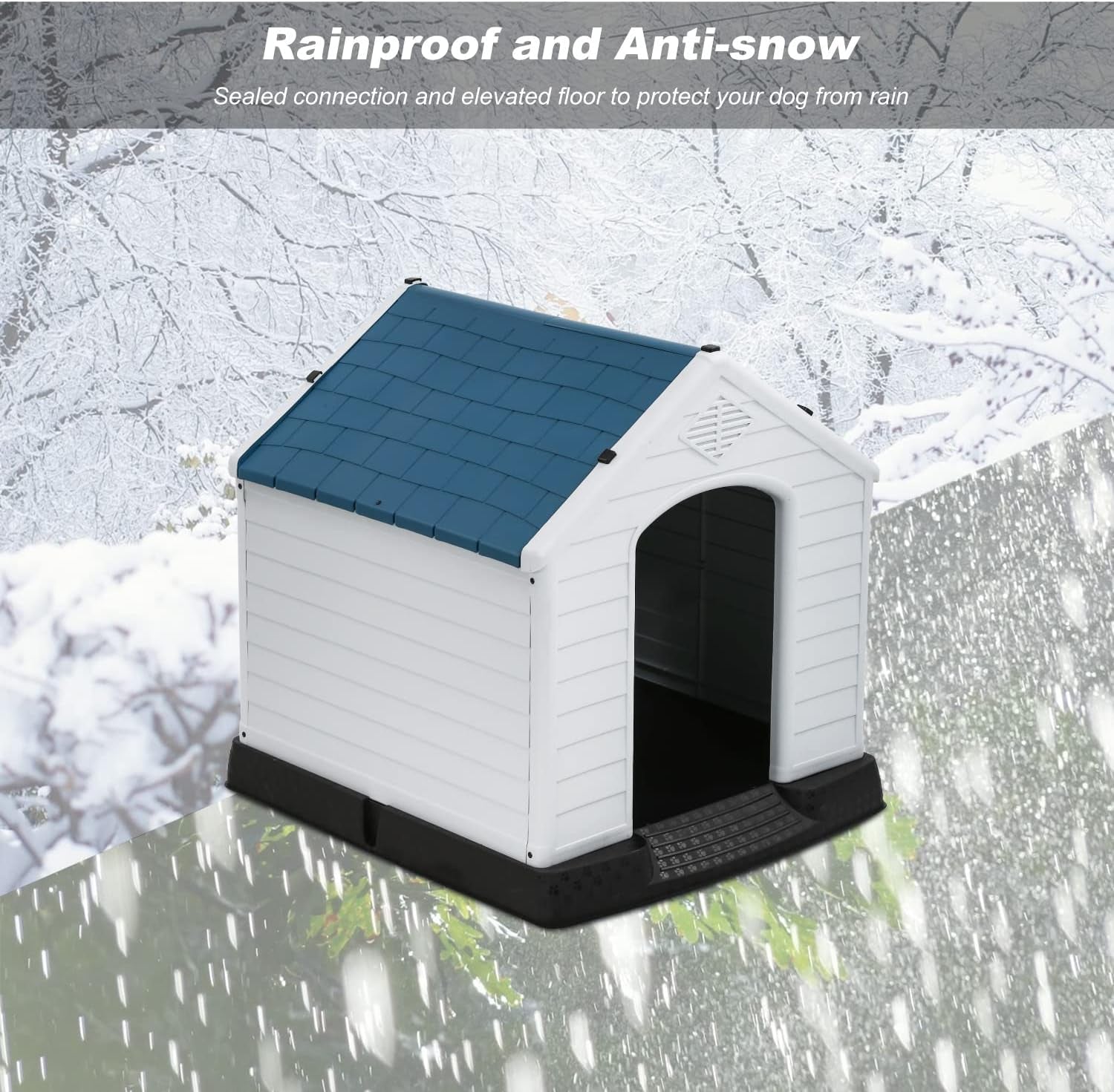 Dog House Indoor Outdoor Durable Ventilate Waterproof Pet Plastic Dog House for Small Medium Large Dogs Insulated Puppy Shelter Kennel Crate with Air Vents and Elevated Floor