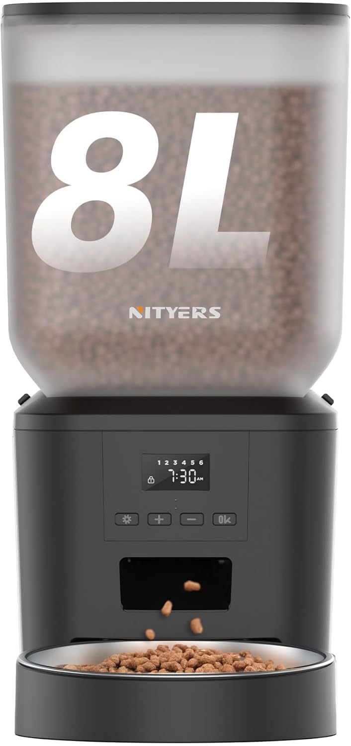 Automatic Dog Feeder - 8L/34 Cups Large Capacity Automatic Cat Food Dispenser with LCD Screen, Large Food Tray, Battery Operated, Timed Cat Feeder, up to 50 Portions 6 Meals per Day, Keeps Fresh