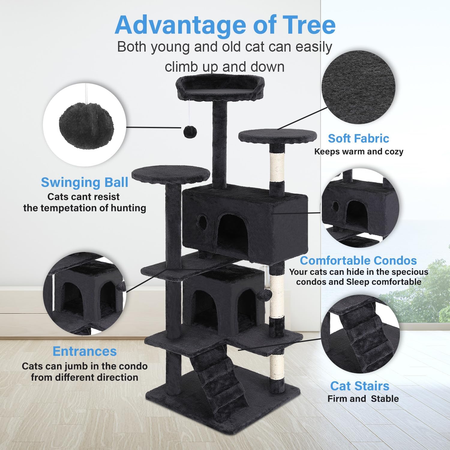 | 54" Cat Tree Tower | Dark Gray | Multi-Level Indoor Activity Center with Sisal Scratching Posts, Condos, Plush Perches, Hanging Cat Toys | Sturdy, Easy to Assemble | for Kittens & Adult Cats