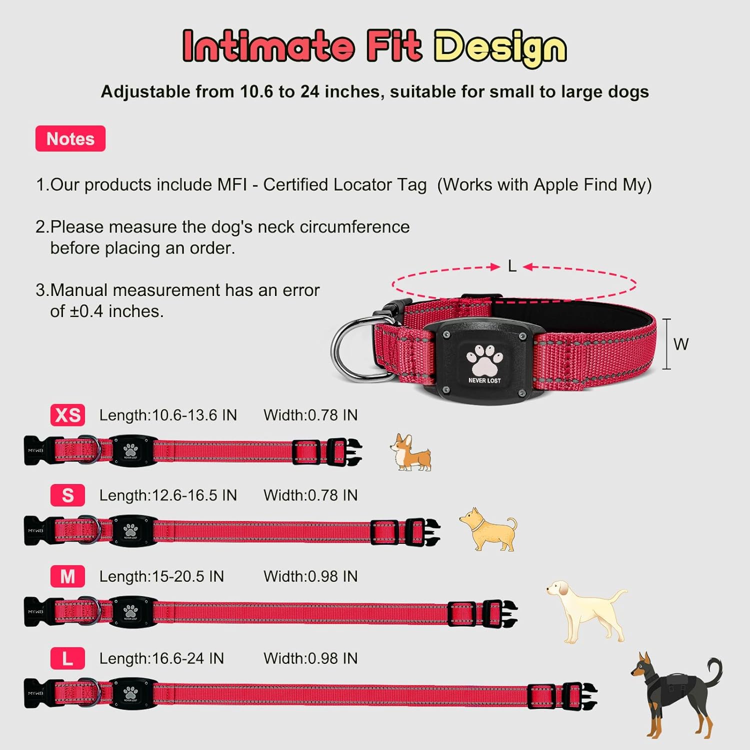 GPS Dog Collar Tracker 2-In-1,Reflective Waterproof Pet Collar,Ios-Only,No Monthly Fees,Unlimited Range,Dog Tracking Collar Pet Tracker,For Small Medium Large Dogs(L (16.6"-24"), Red)