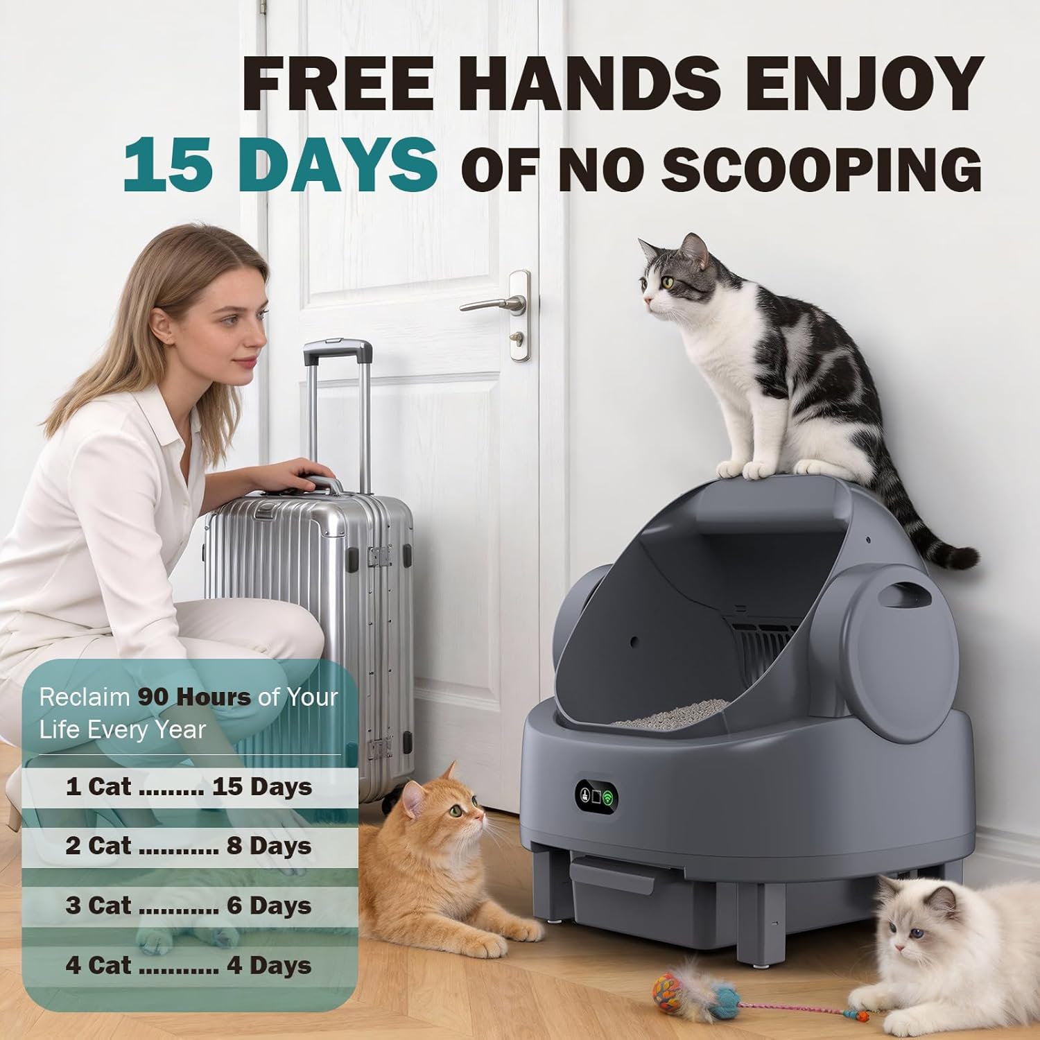 Automatic Litter Box, Open Top Large Self Cleaning Cat Litter Box for Multiple Cats, with APP Control/Multiple Safety Sensors/Trash Bag/Litter Mat, Cat Box Automatic Cleaning