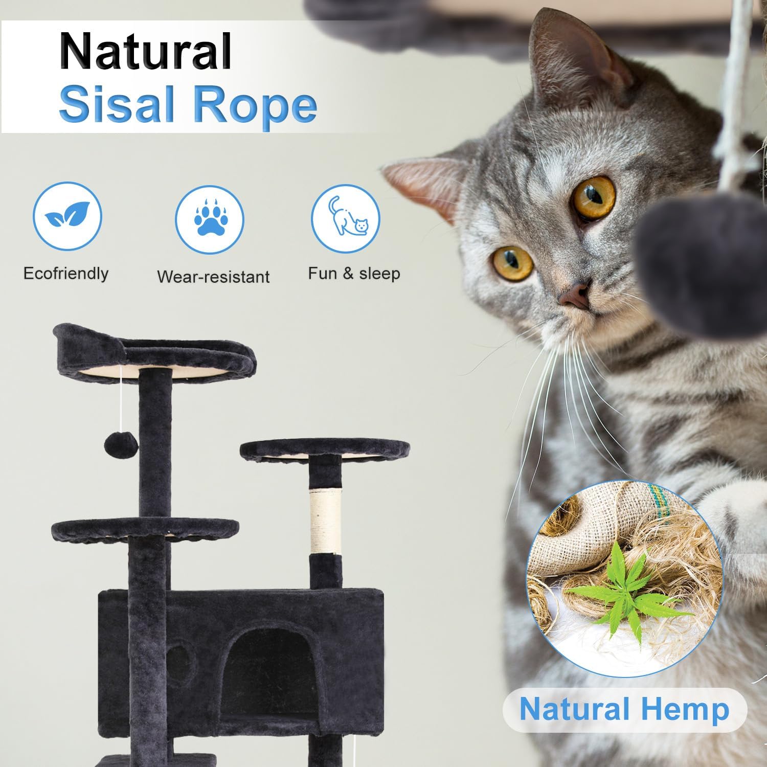 | 54" Cat Tree Tower | Dark Gray | Multi-Level Indoor Activity Center with Sisal Scratching Posts, Condos, Plush Perches, Hanging Cat Toys | Sturdy, Easy to Assemble | for Kittens & Adult Cats