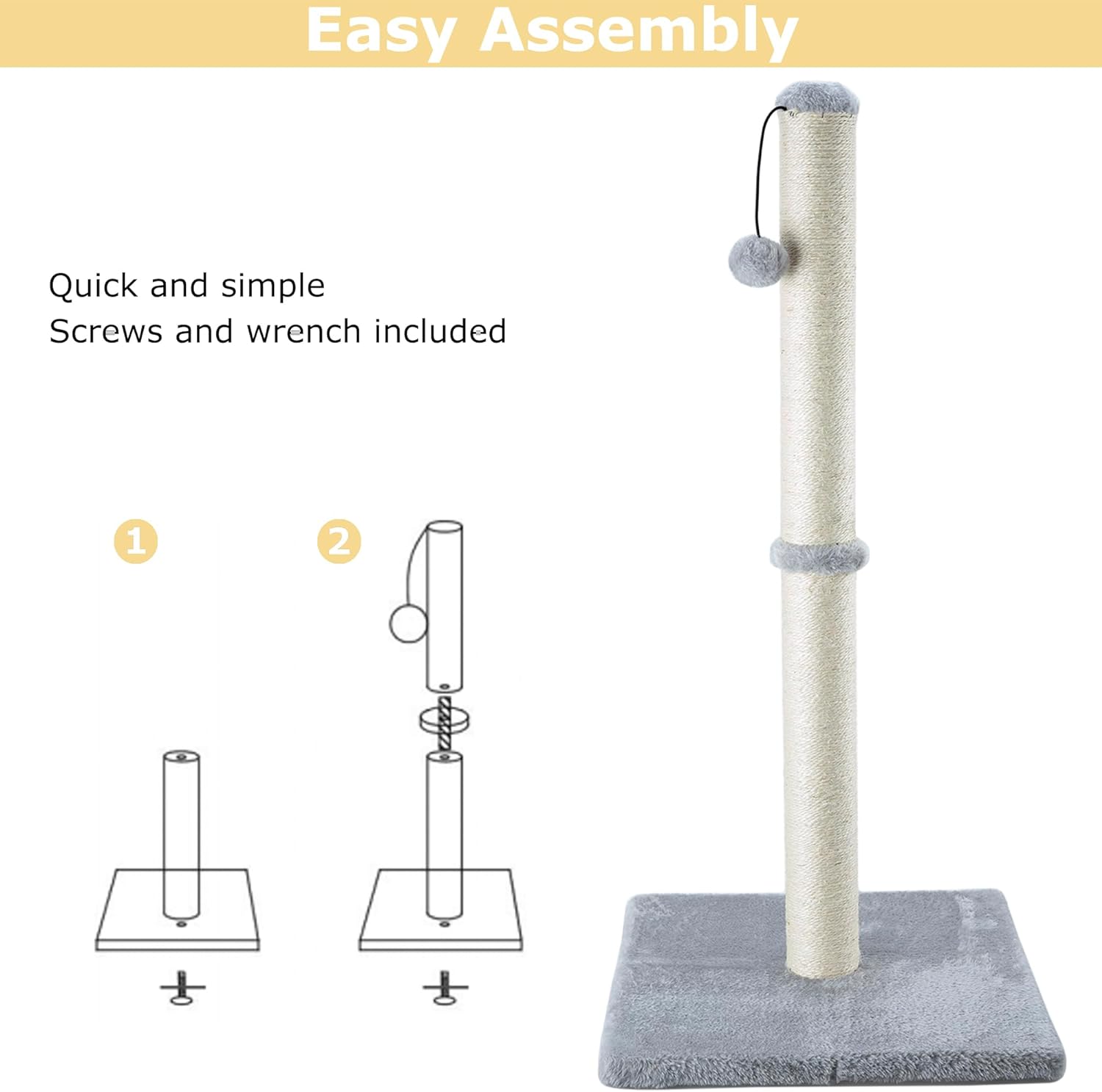29" Height Tall Cat Scratching Post, Claw Scratcher with Sisal Rope and Covered with Soft Smooth Plush, Vertical Scratch [Full Strectch] for Standard Size Cats(Grey, 29 Inches for All Cats)