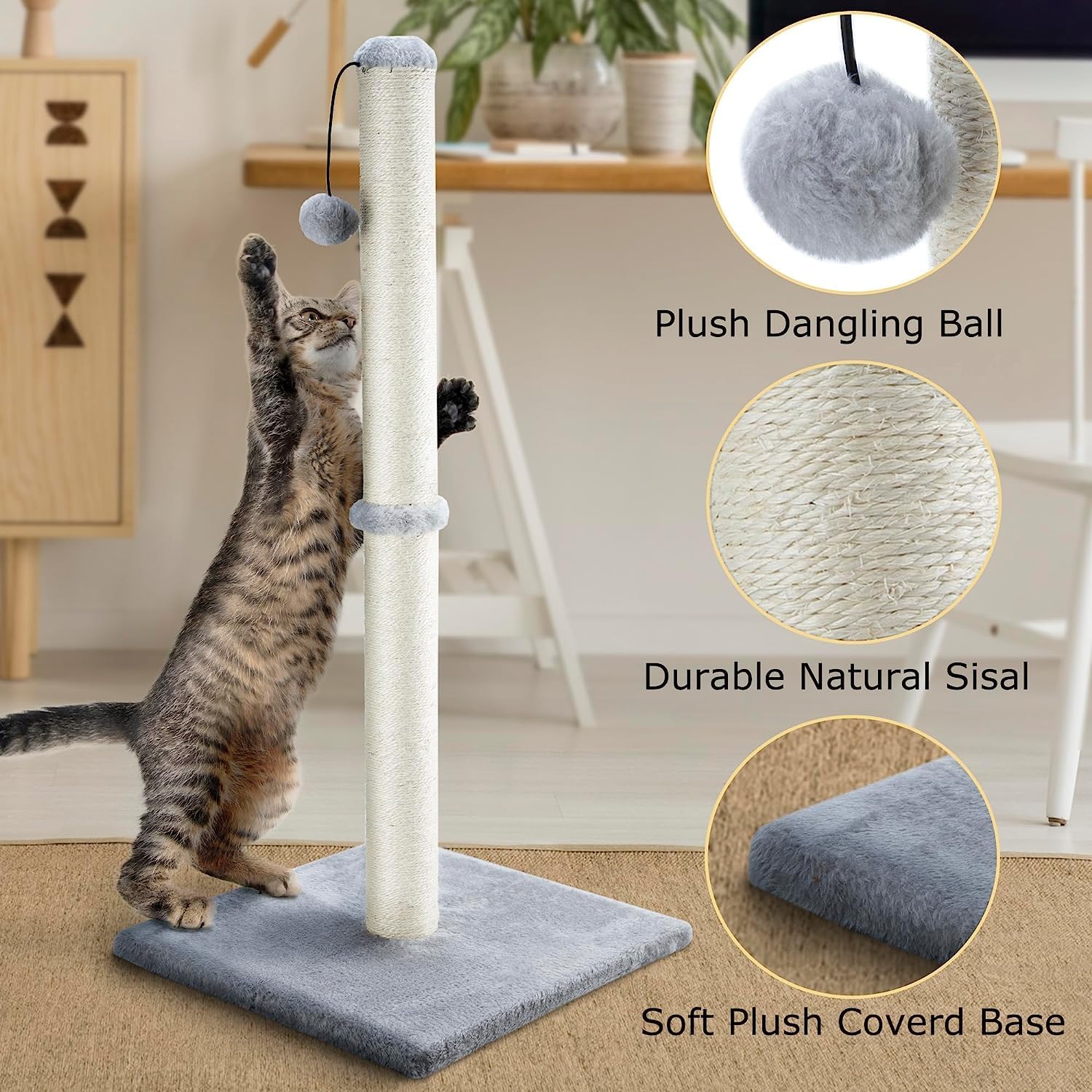 29" Height Tall Cat Scratching Post, Claw Scratcher with Sisal Rope and Covered with Soft Smooth Plush, Vertical Scratch [Full Strectch] for Standard Size Cats(Grey, 29 Inches for All Cats)