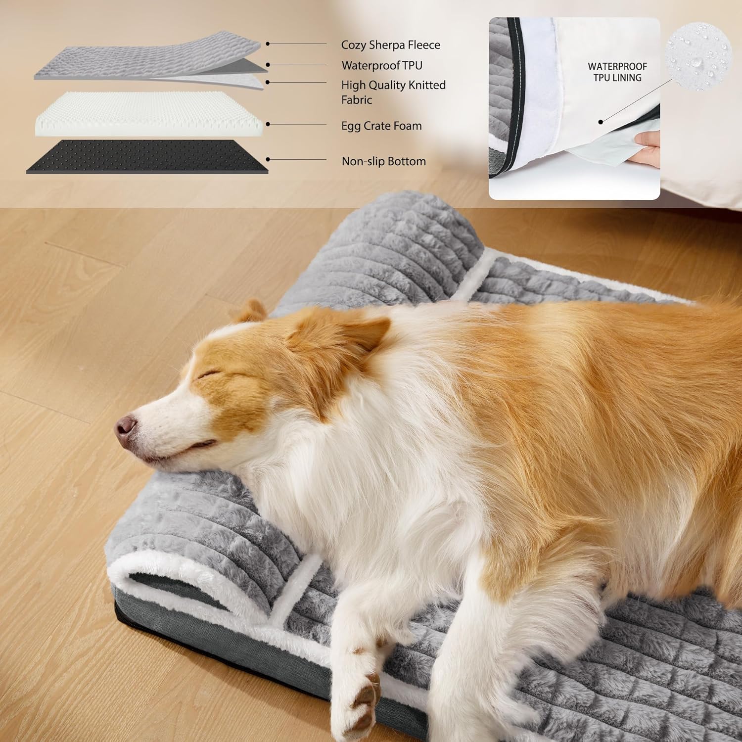 Orthopedic Dog Bed Large Sized Dog with Pillow 36''X24'', Waterproof Soft Comfortable Egg Crate Foam Pet Crate Beds Mat with Removable Washable Cover and Non-Slip Bottom, Grey