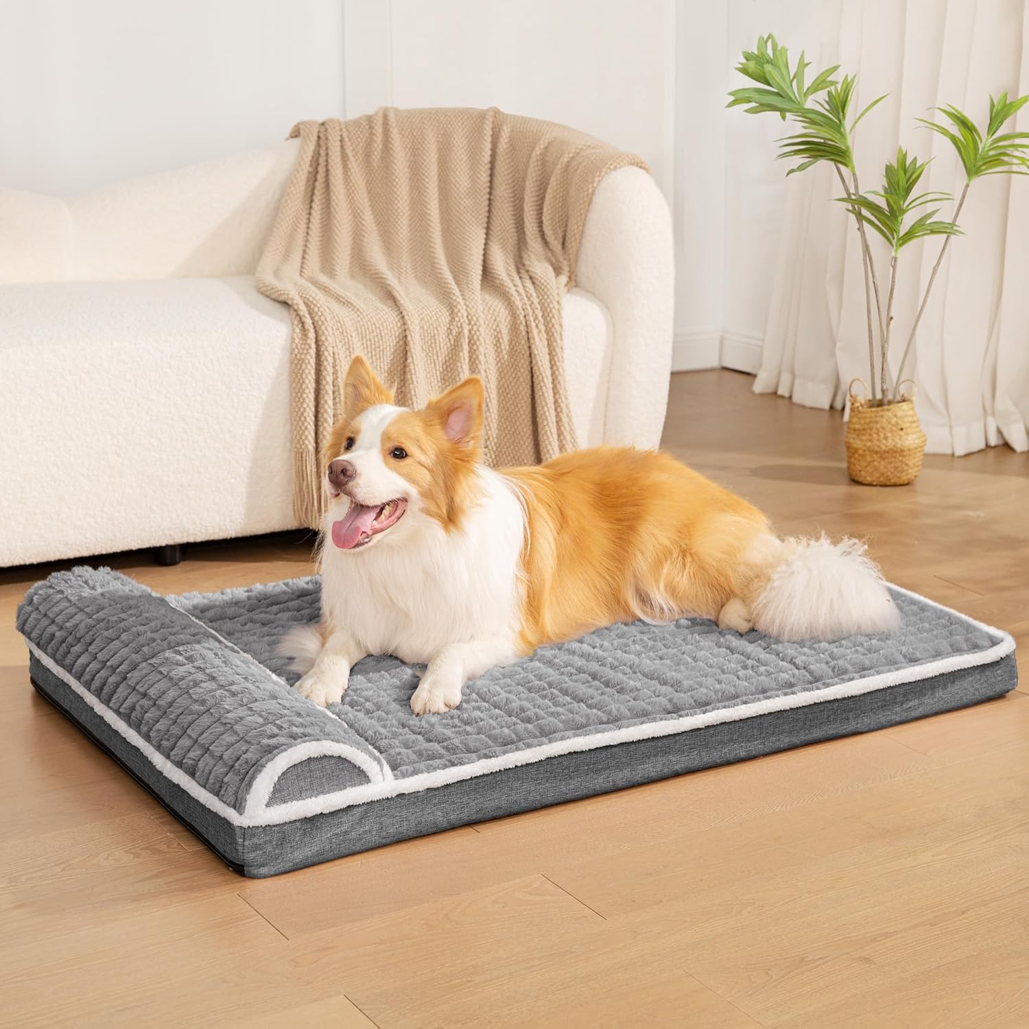 Orthopedic Dog Bed Large Sized Dog with Pillow 36''X24'', Waterproof Soft Comfortable Egg Crate Foam Pet Crate Beds Mat with Removable Washable Cover and Non-Slip Bottom, Grey