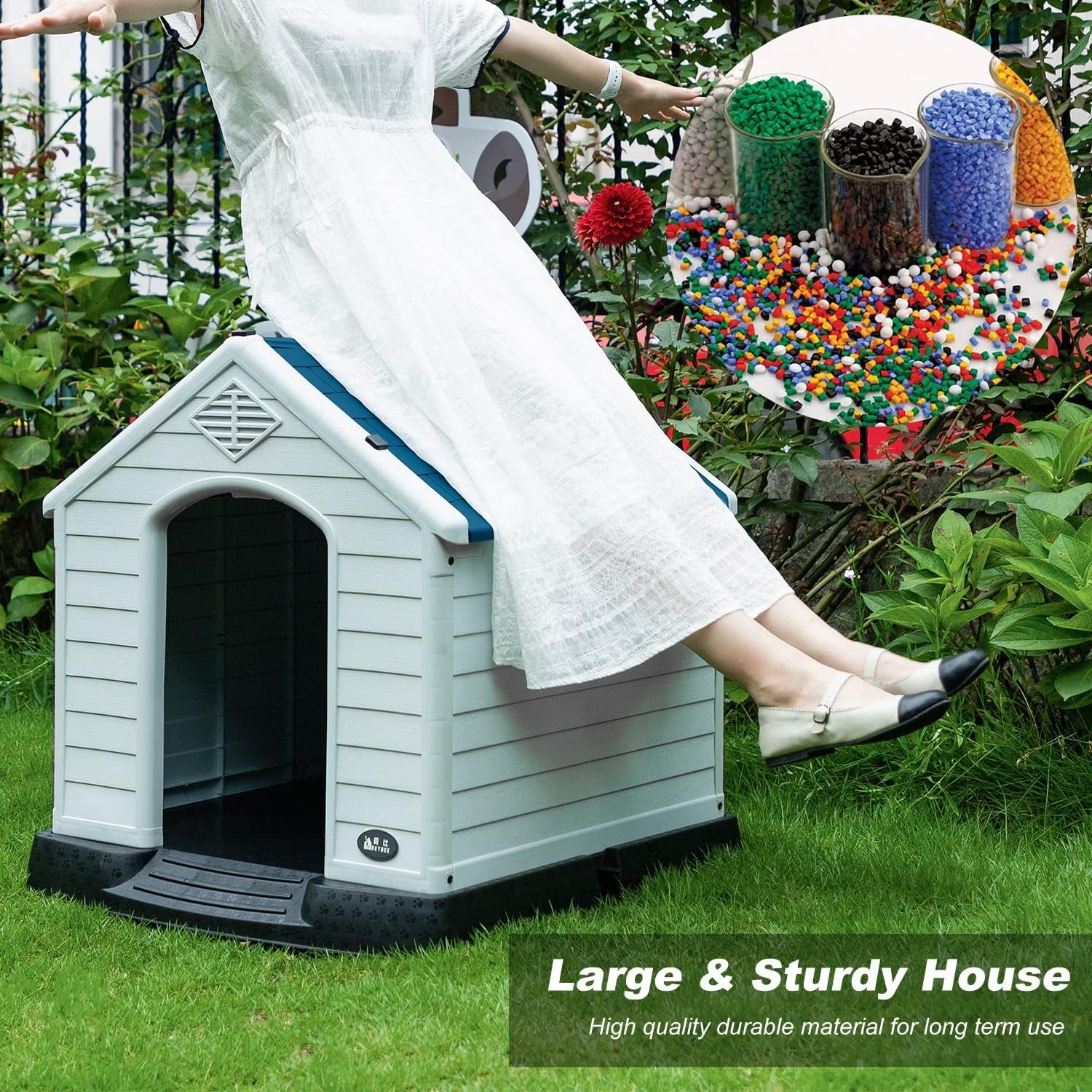 Dog House Indoor Outdoor Durable Ventilate Waterproof Pet Plastic Dog House for Small Medium Large Dogs Insulated Puppy Shelter Kennel Crate with Air Vents and Elevated Floor